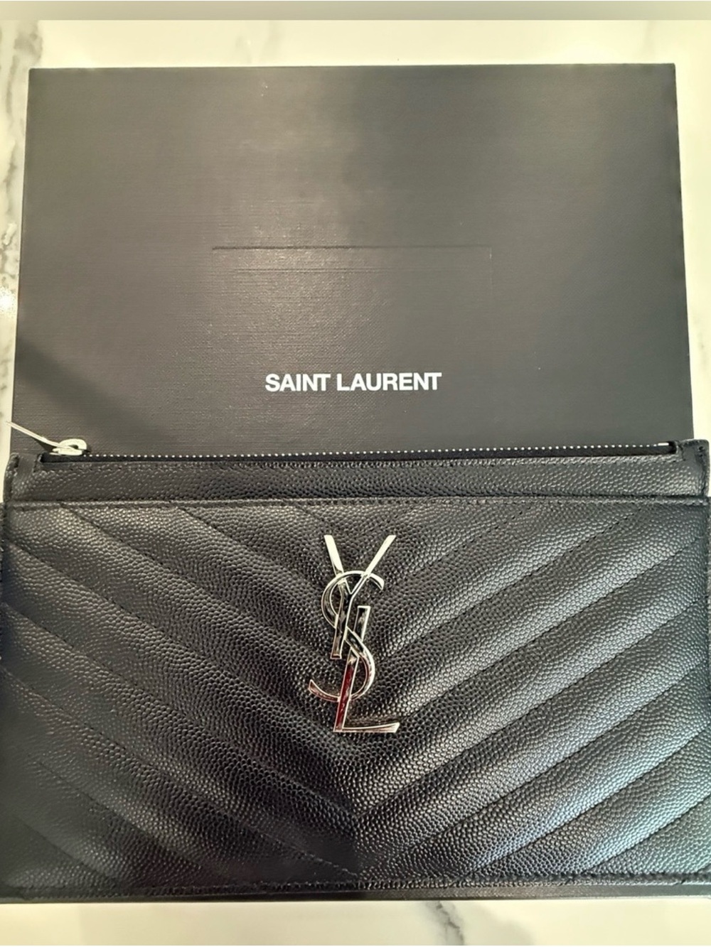 Saint Laurent Black Quilted Leather YSL Zip Pouch with Silver Logo